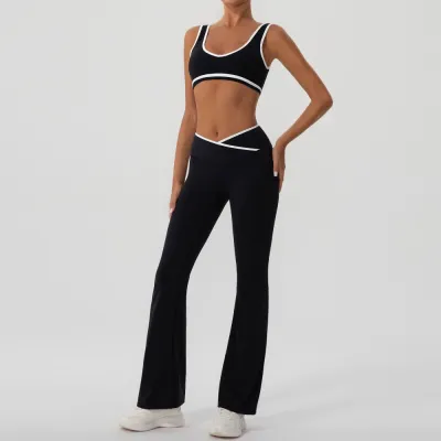 Women Fashion Casual Contrast Color Bra Tight Cross Pants Yoga Sports Two-Piece Set