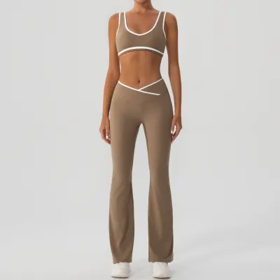 Women Fashion Casual Contrast Color Bra Tight Cross Pants Yoga Sports Two-Piece Set