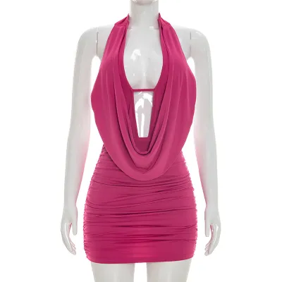 Women Sexy Solid Halter Cowl Neck Backless Mini Dress