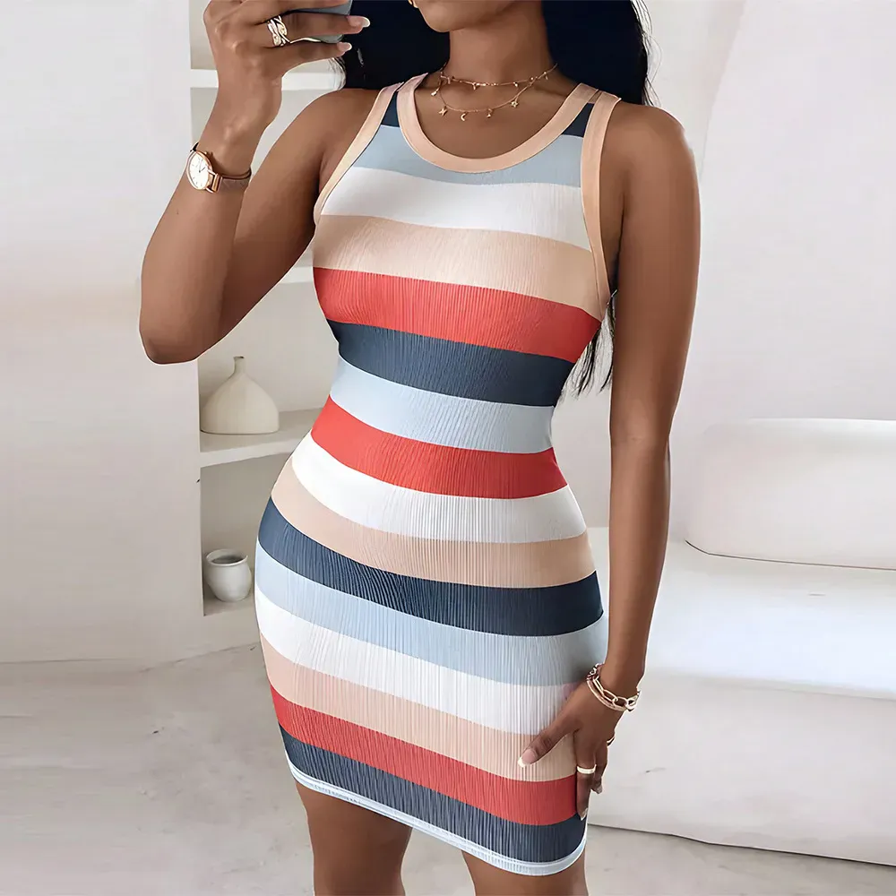 Summer Women Fashion Stripe Sleeveless Bodycon Dress