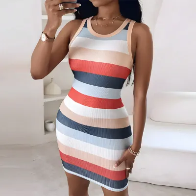 Summer Women Fashion Stripe Sleeveless Bodycon Dress