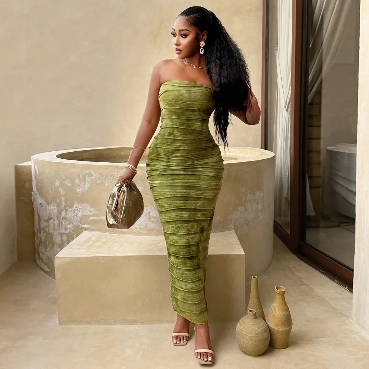 Women Sexy Tie-Dye Printed Strapless Bodycon Maxi Dress