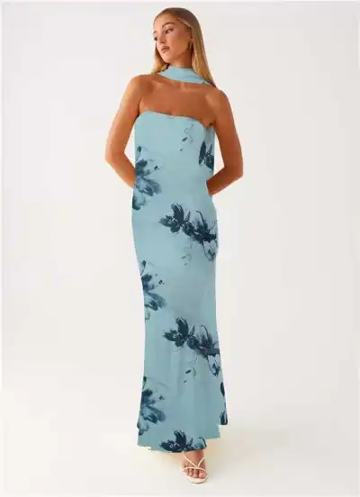 Women Elegant Floral Print Strapless Bodycon Maxi Dress