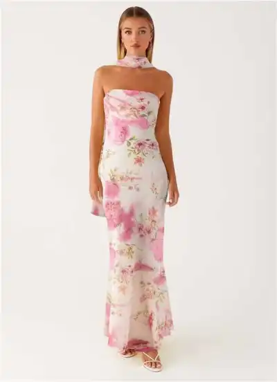 Women Elegant Floral Print Strapless Bodycon Maxi Dress