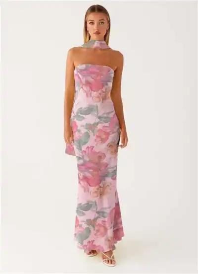Women Elegant Floral Print Strapless Bodycon Maxi Dress