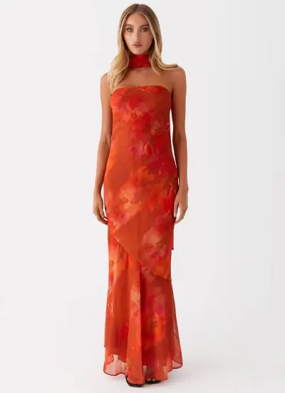 Women Elegant Floral Print Strapless Bodycon Maxi Dress
