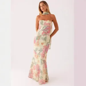 Women Elegant Floral Print Strapless Bodycon Maxi Dress