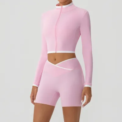 Women Fashion Casual Contrast Color Long-Sleeve Jacket Tight Cross Shorts Yoga Sports Two-Piece Set