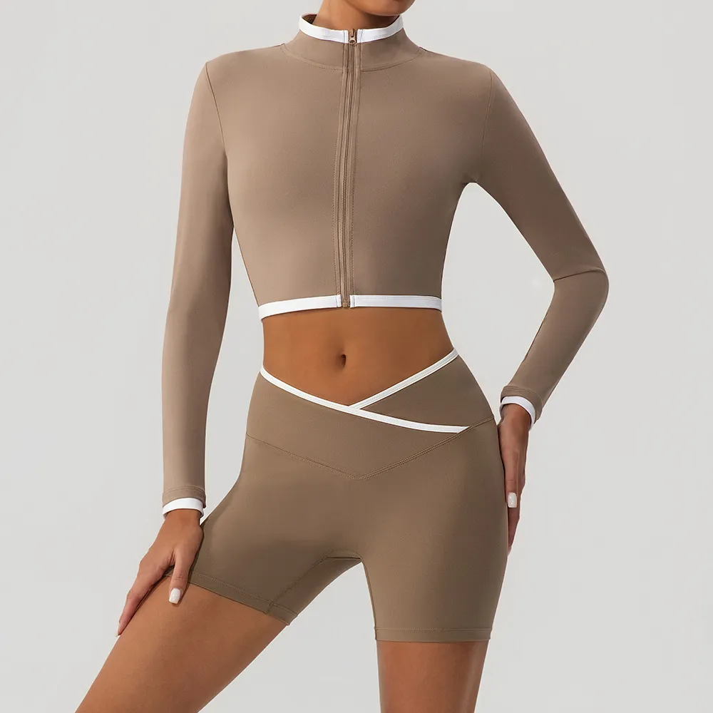 Women Fashion Casual Contrast Color Long-Sleeve Jacket Tight Cross Shorts Yoga Sports Two-Piece Set