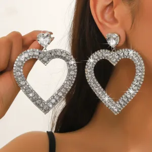 Fashion Exaggerated Rhinestone Heart Drop Earrings Natural Sweet