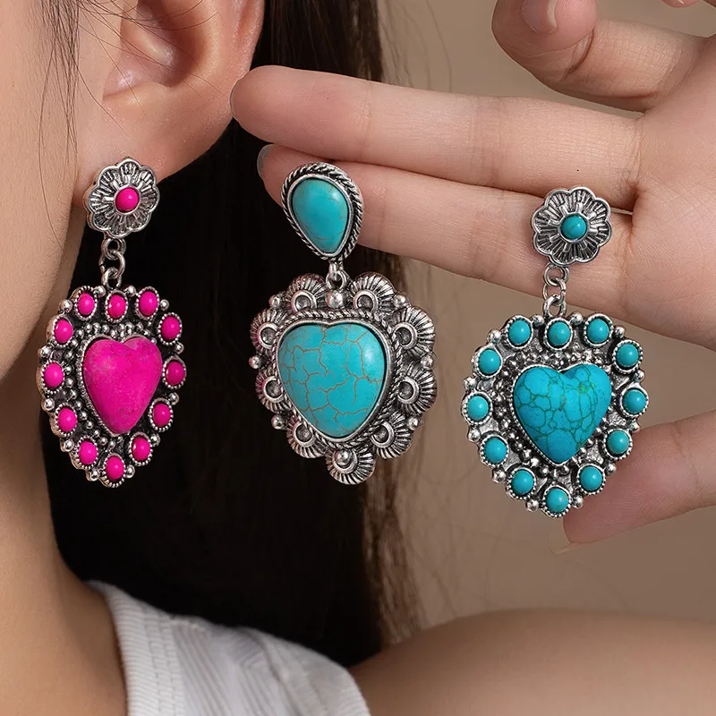 Bohemian Vintage Turquoise Heart Earrings