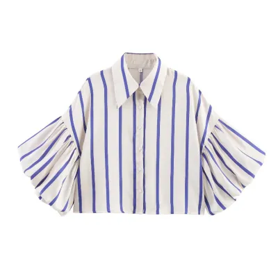 Women Fashion Casual Spring Stripe Lantern Sleeve Loose Blouse