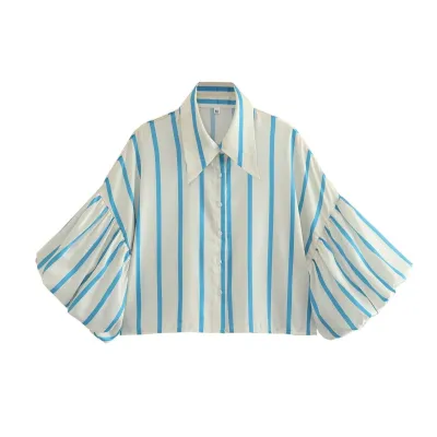 Women Fashion Casual Spring Stripe Lantern Sleeve Loose Blouse