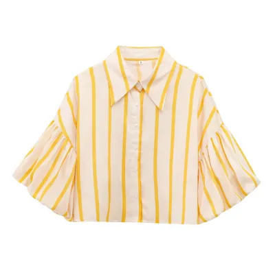 Women Fashion Casual Spring Stripe Lantern Sleeve Loose Blouse