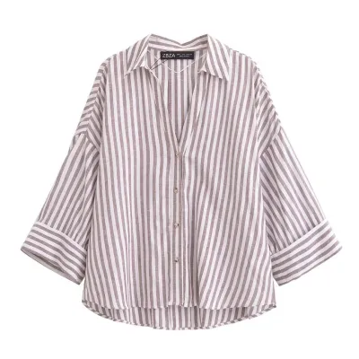 Women Fashion Casual Spring Stripe Laple Long-Sleeve Loose Blouse