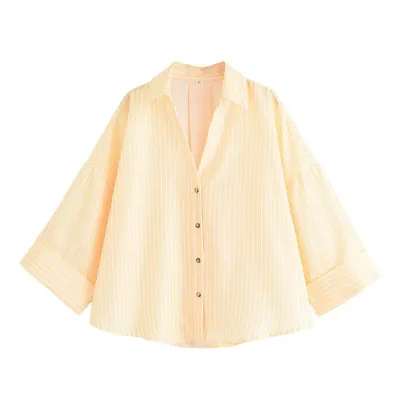 Women Fashion Casual Spring Stripe Laple Long-Sleeve Loose Blouse