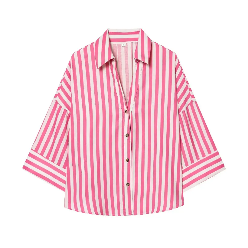Women Fashion Casual Spring Stripe Laple Long-Sleeve Loose Blouse