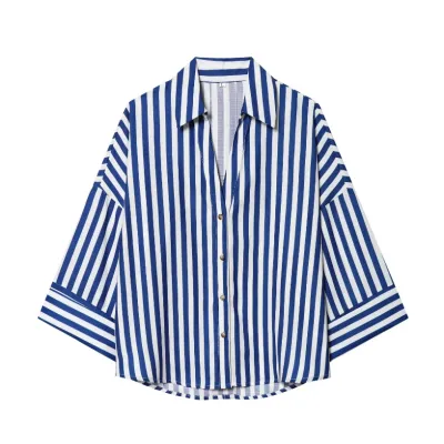Women Fashion Casual Spring Stripe Laple Long-Sleeve Loose Blouse