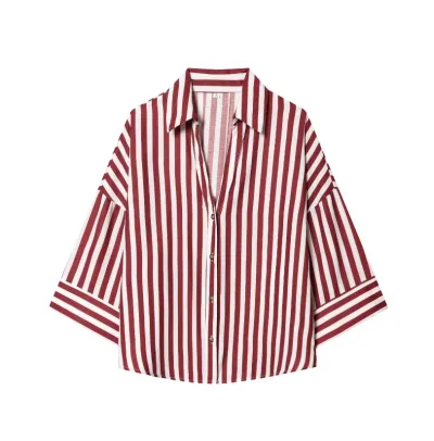 Women Fashion Casual Spring Stripe Laple Long-Sleeve Loose Blouse