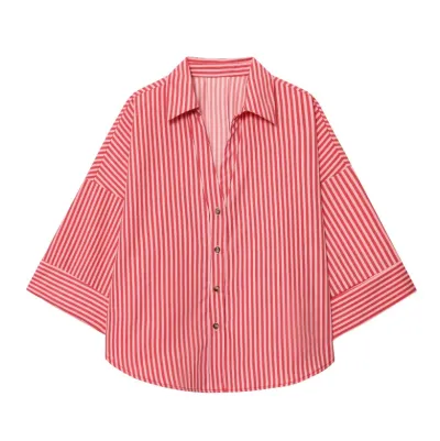 Women Fashion Casual Spring Stripe Laple Long-Sleeve Loose Blouse