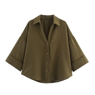 Women Fashion Casual Spring Stripe Laple Long-Sleeve Loose Blouse
