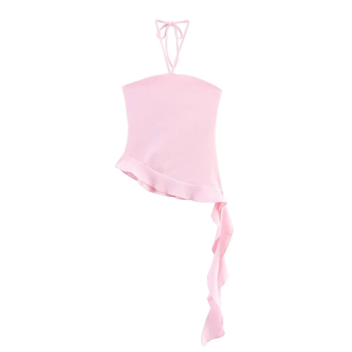 Women Fashion Sexy Summer Solid Color Halter-Neck Ruffled Long Strap Slim-Fit Camisole