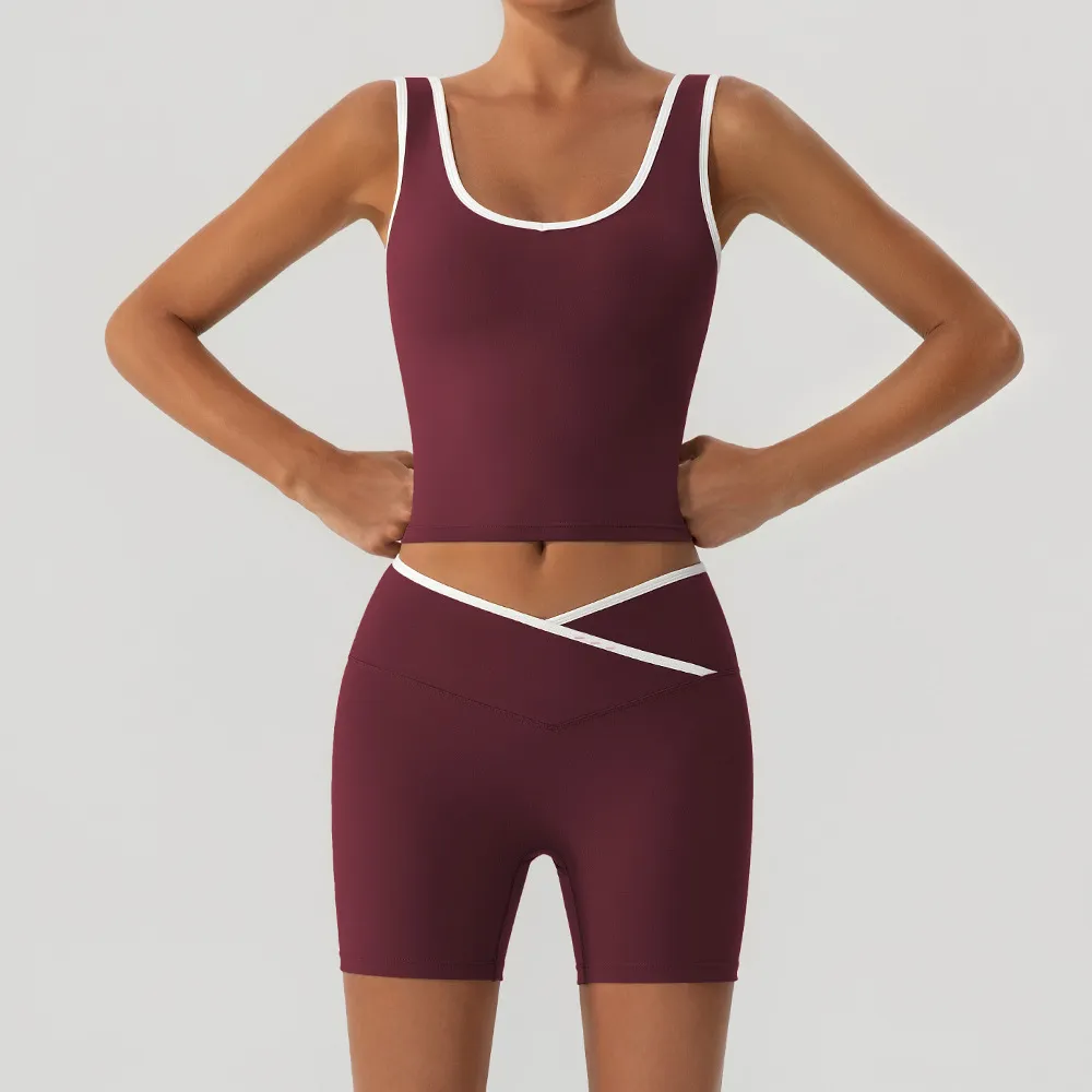 Women Fashion Casual Contrast Color Tank Top Tight Cross Shorts Yoga Sports Two-Piece Set