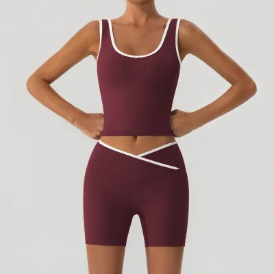 Women Fashion Casual Contrast Color Tank Top Tight Cross Shorts Yoga Sports Two-Piece Set