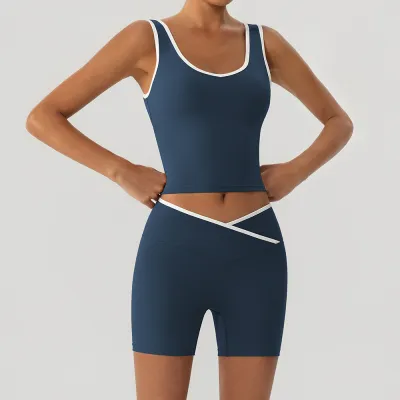 Women Fashion Casual Contrast Color Tank Top Tight Cross Shorts Yoga Sports Two-Piece Set