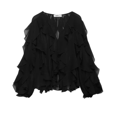Women Fashion Laminated Ruffled Long Sleeve Shirt