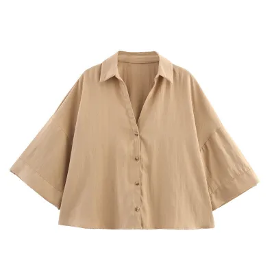 Summer Women Fashion Casual Short Sleeve Solid Color Short Shirt