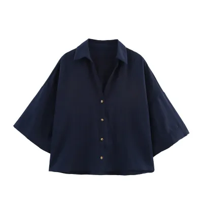 Summer Women Fashion Casual Short Sleeve Solid Color Short Shirt