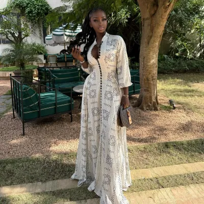 African Elegant Women Casual Long-Sleeved Collar Single-Breasted Maxi Dress