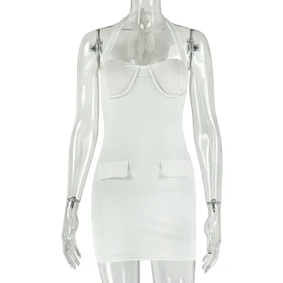 Women Fashion Solid Color Halter Backless Bodycon Mini Dress