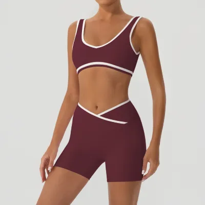 Women Fashion Casual Contrast Color Bra Tight Cross Shorts Yoga Sports Two-Piece Set