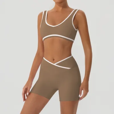 Women Fashion Casual Contrast Color Bra Tight Cross Shorts Yoga Sports Two-Piece Set