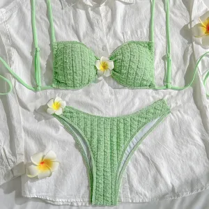 Women Fashion Sexy Solid Color Pleated Sunflower Bikini Swimsuit
