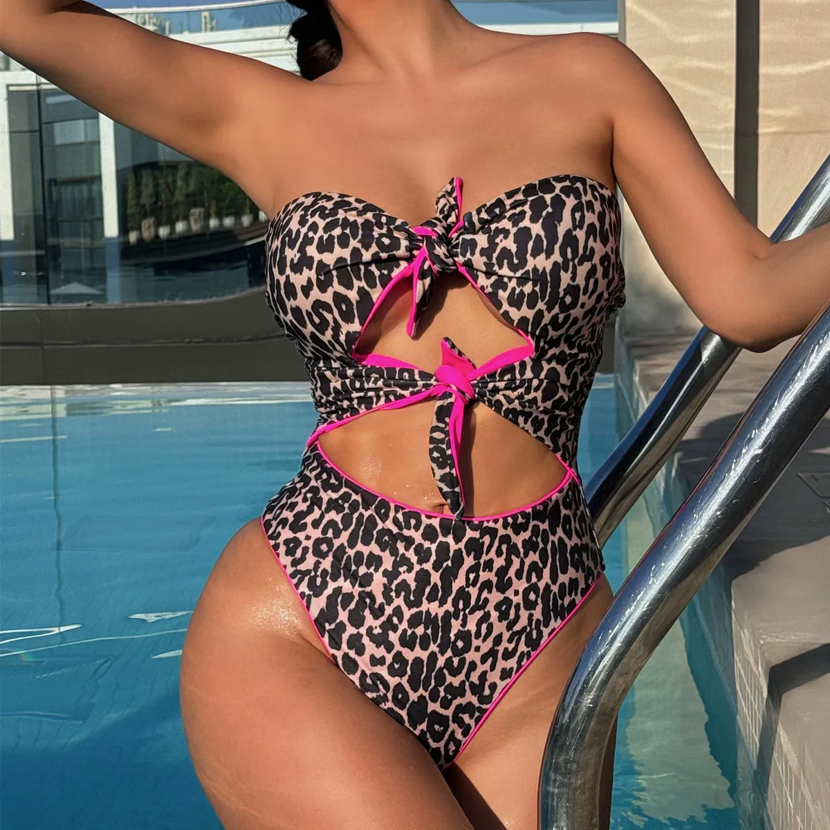 Women Fashion Sexy Leopard Contrast Hollow-Out One-Piece Swimsuit