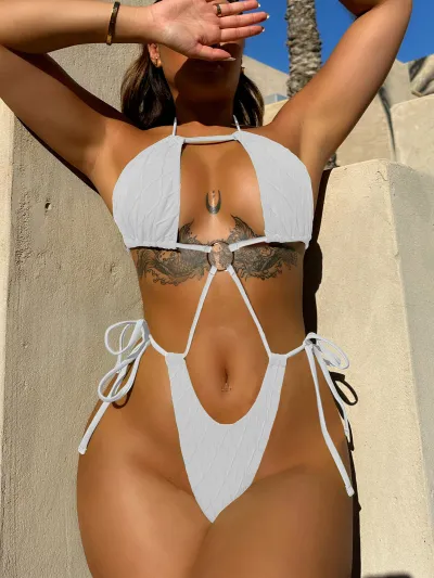 Women Fashion Sexy Solid Color Halter-Neck Lace-Up One-Piece Swimsuit