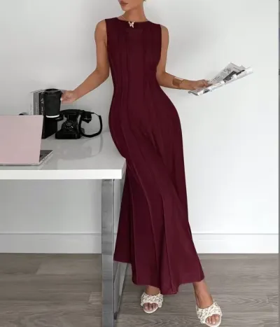 Women Fashion Casual Summer Solid Color Sleeveless Pleated Dress