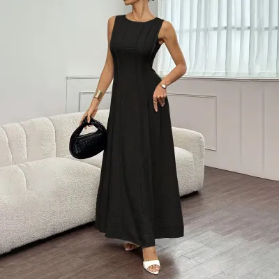 Women Fashion Casual Summer Solid Color Sleeveless Pleated Dress
