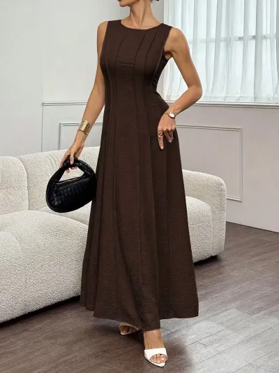 Women Fashion Casual Summer Solid Color Sleeveless Pleated Dress