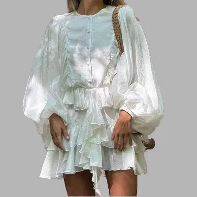 Women Fashion Elegant Spring Solid Color Long Bubble Sleeve Ruffled Dress