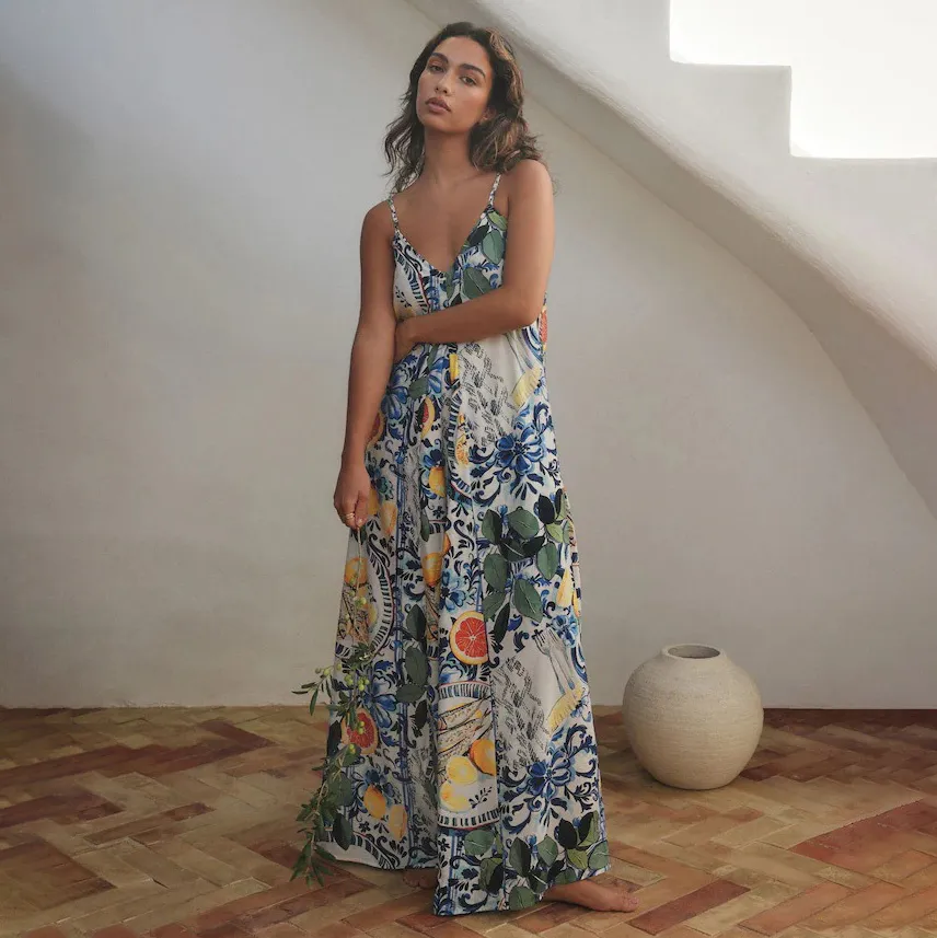 Women Fashion Casual Vacation Printed V-Neck Spaghetti Strap Large Swing Dress