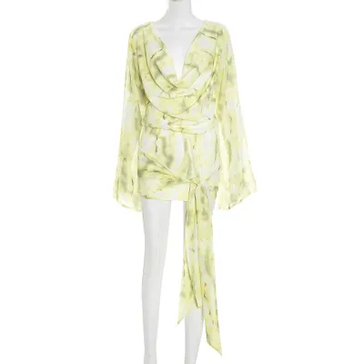 Women Fashion Sexy Spring Flower Tie-Dye Printed V-Neck Long Sleeve Long Strap Dress