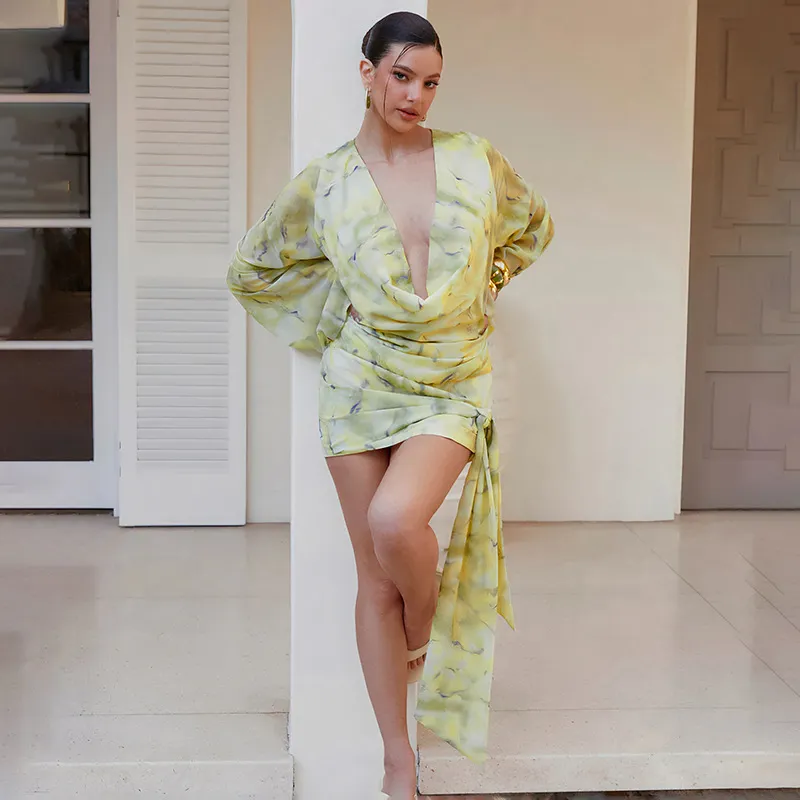 Women Fashion Sexy Spring Flower Tie-Dye Printed V-Neck Long Sleeve Long Strap Dress