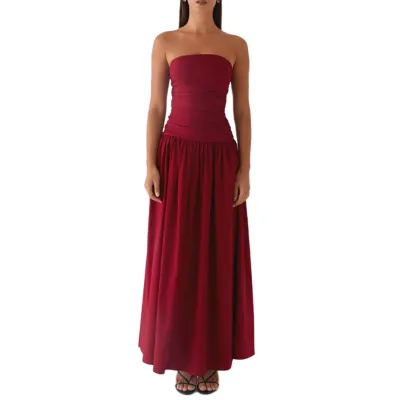 Women Fashion Sexy Elegant Summer Tube Top Slim Fit Pleated Dress