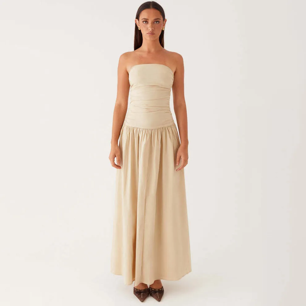 Women Fashion Sexy Elegant Summer Tube Top Slim Fit Pleated Dress