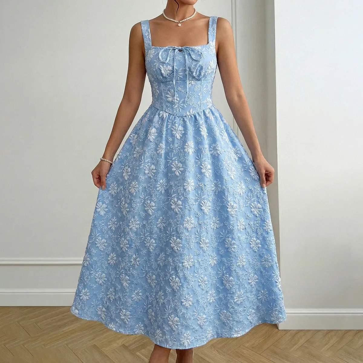 Women Fashion Elegant Summer Blue Jacquard Square Neck Sleeveless Dress