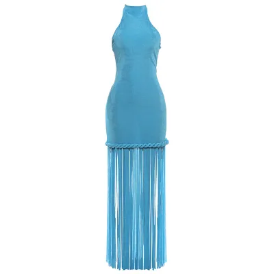 Women Fashion Sexy Solid Color Halter-Neck Backless Tassel Dress